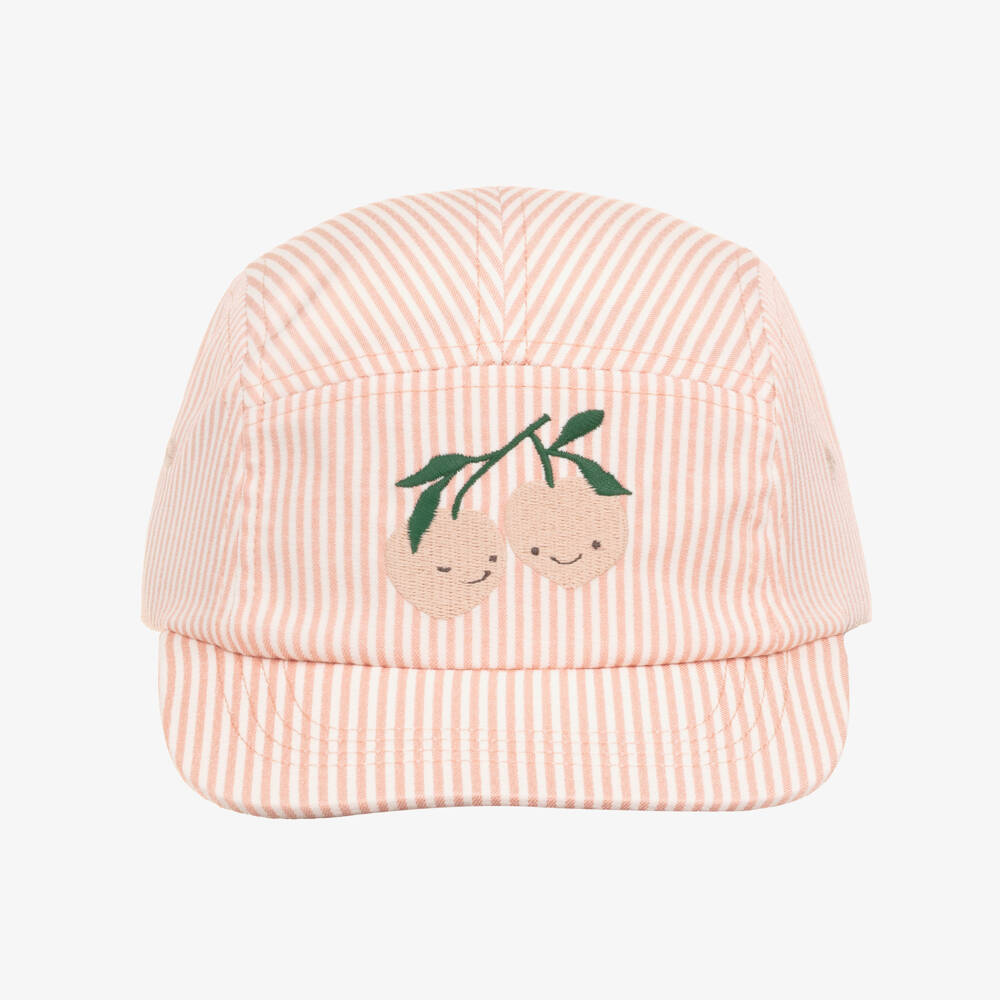 Liewood-Girls Pink Striped Cap with Happy Peach Motif | Childrensalon