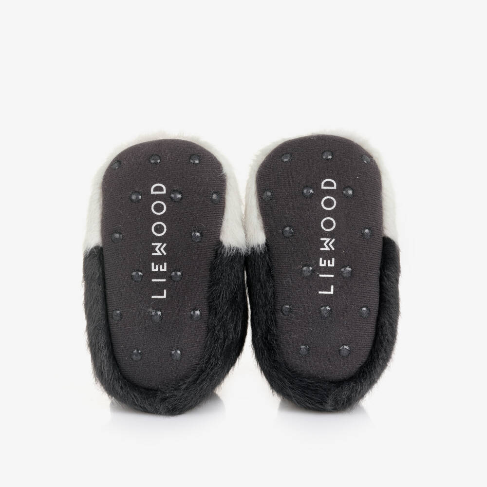 Liewood-Grey Faux Fur Penguin Baby Slippers | Childrensalon