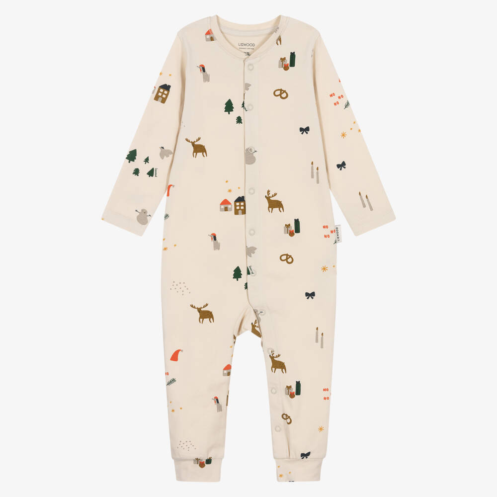 Liewood-Ivory Organic Cotton Babygrow with Christmas Motifs | Childrensalon