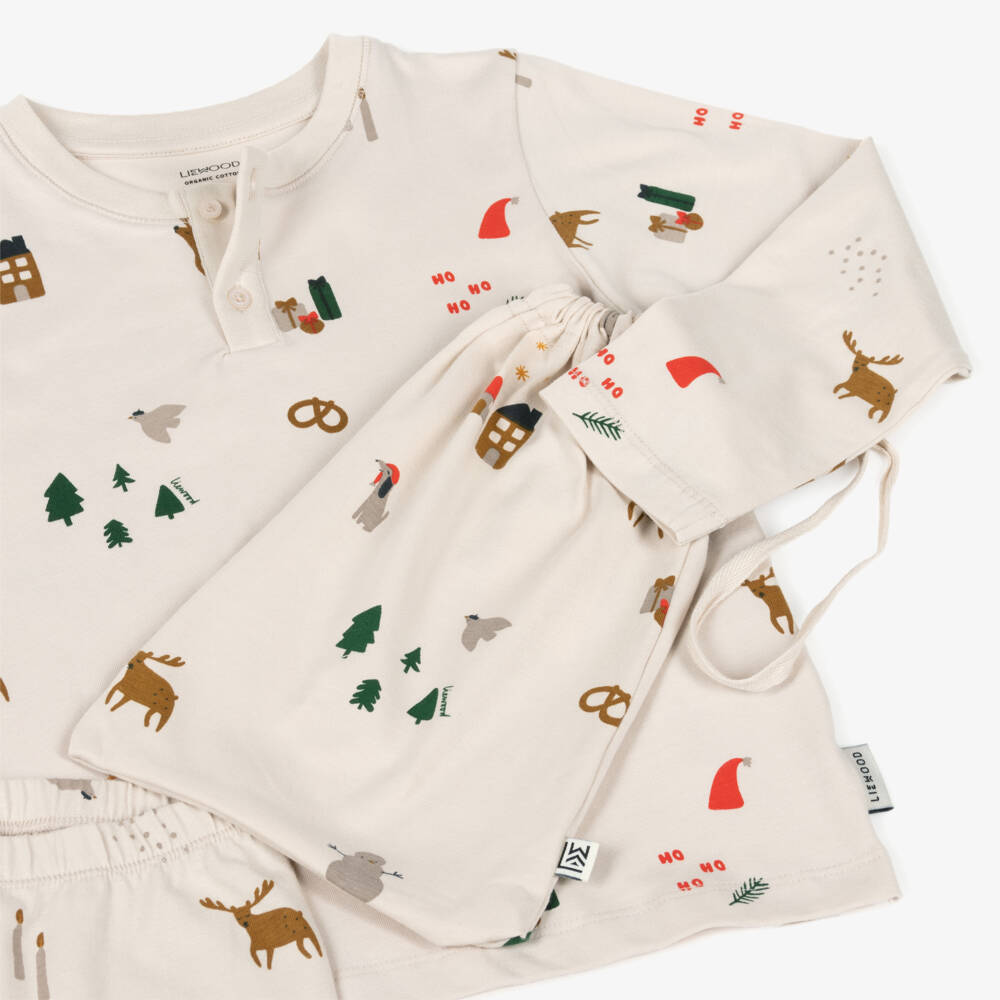 Liewood-بيجاما قطن عضوي بنقوش عيد الميلاد لون عاجي | Childrensalon