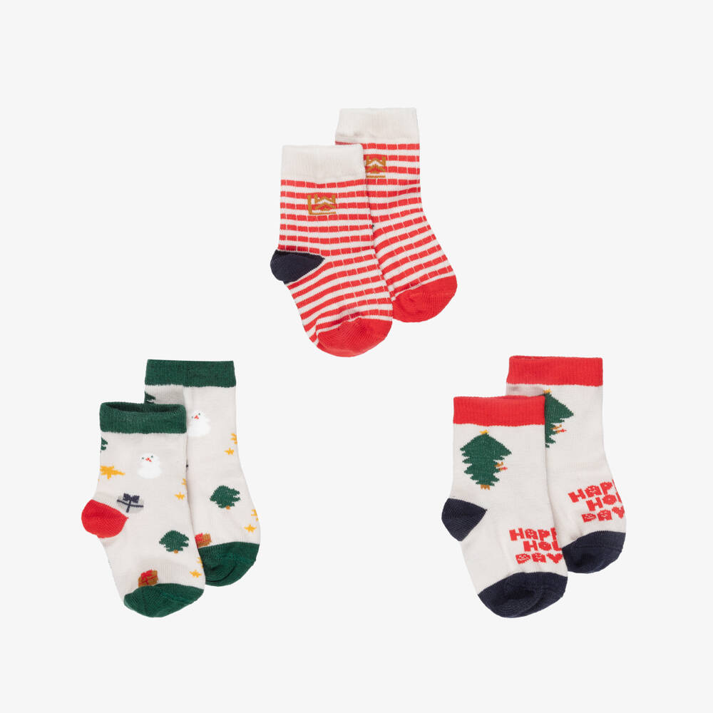 Liewood-Ivory & Red Festive Motif Knitted Ankle Socks (3 Pack) | Childrensalon