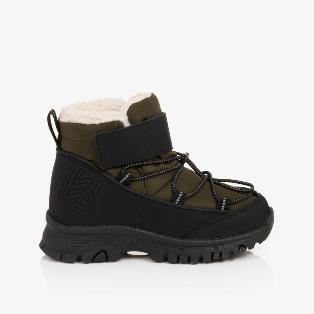 Liewood-Khaki Green & Black Fleece-Lined Snow Boots | Childrensalon
