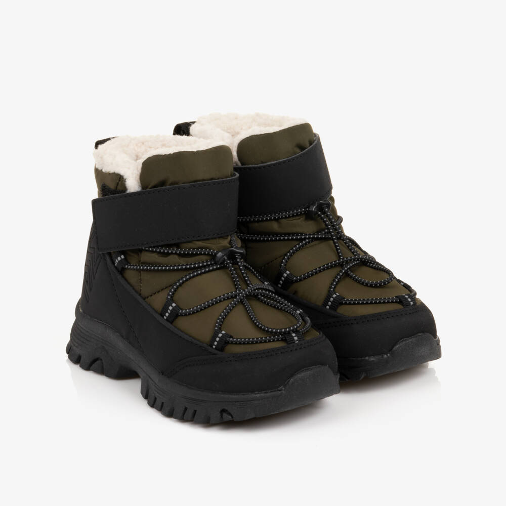 Liewood-Khaki Green & Black Fleece-Lined Snow Boots | Childrensalon