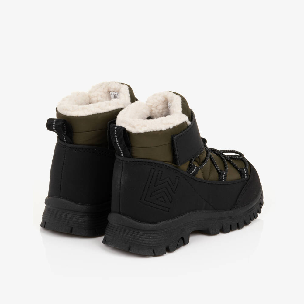 Liewood-Khaki Green & Black Fleece-Lined Snow Boots | Childrensalon