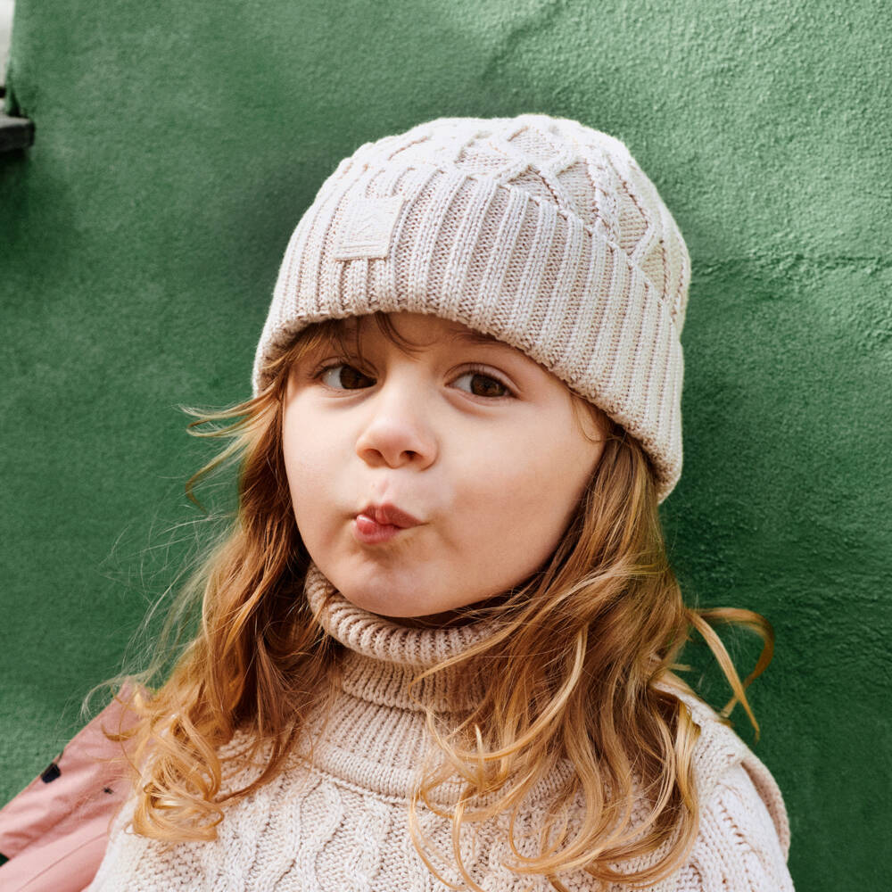 Liewood-Pale Beige Organic Cotton Cable Knit Beanie Hat | Childrensalon