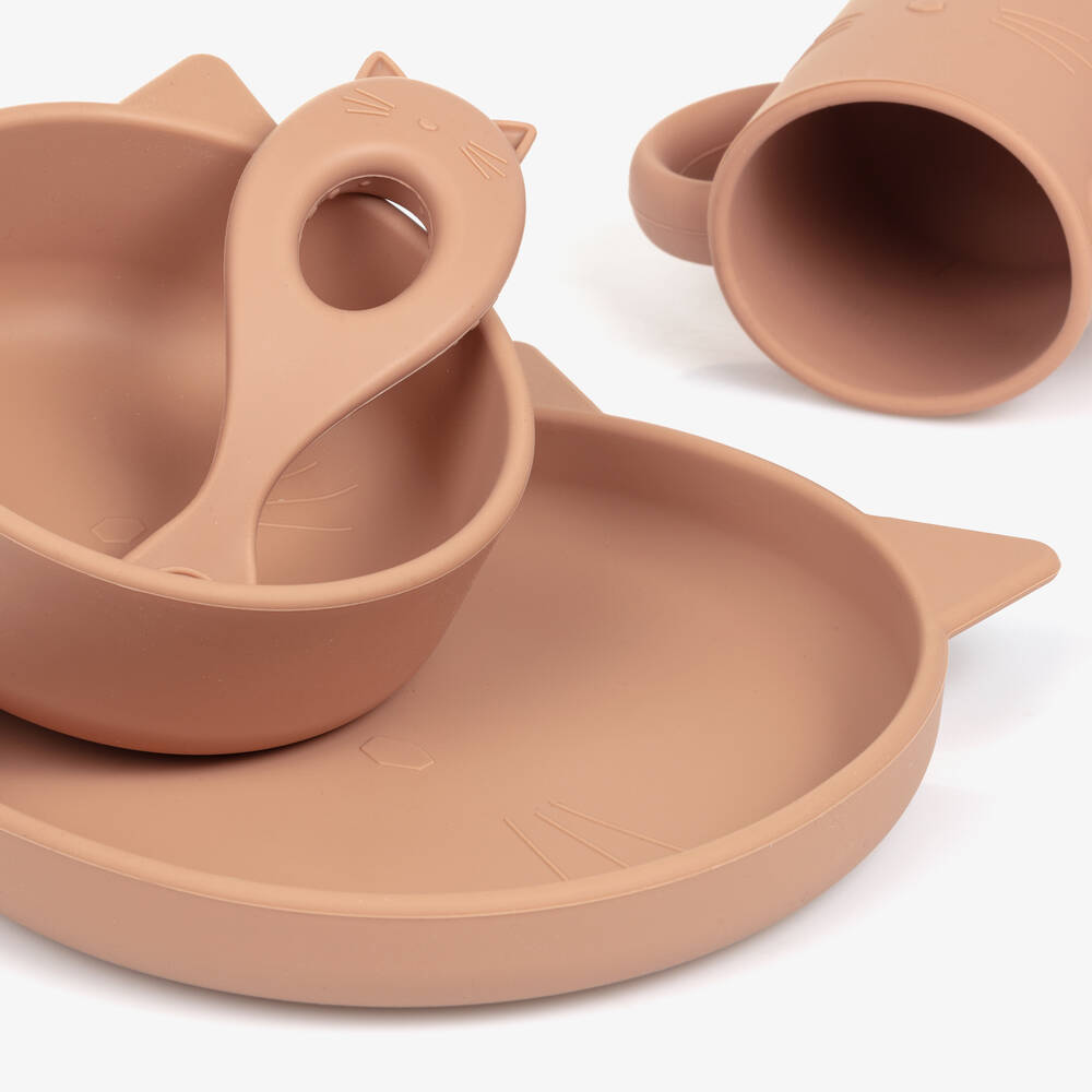 Liewood-Pink Silicone Cat Tableware Set (4 Pieces) | Childrensalon
