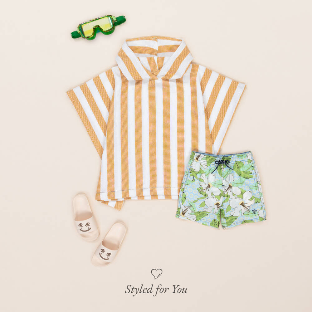 Liewood-منشفة بونشو هودي قطن عضوي مقلم لون أصفر وأبيض | Childrensalon