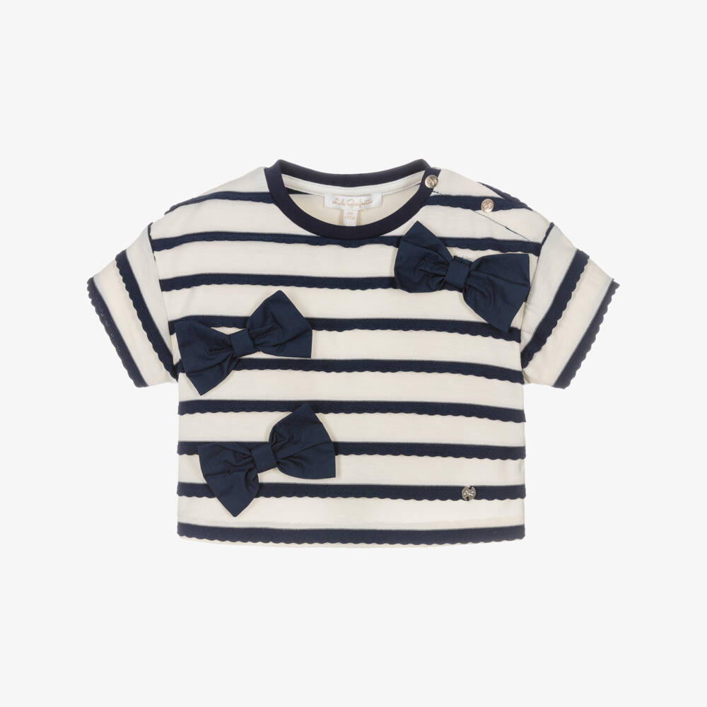 Lili Gaufrette-Baby Girls Ivory & Navy Blue Striped T-Shirt with Bows | Childrensalon