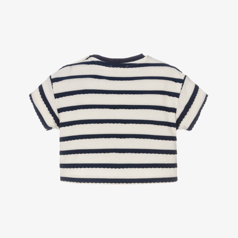 Lili Gaufrette-Baby Girls Ivory & Navy Blue Striped T-Shirt with Bows | Childrensalon