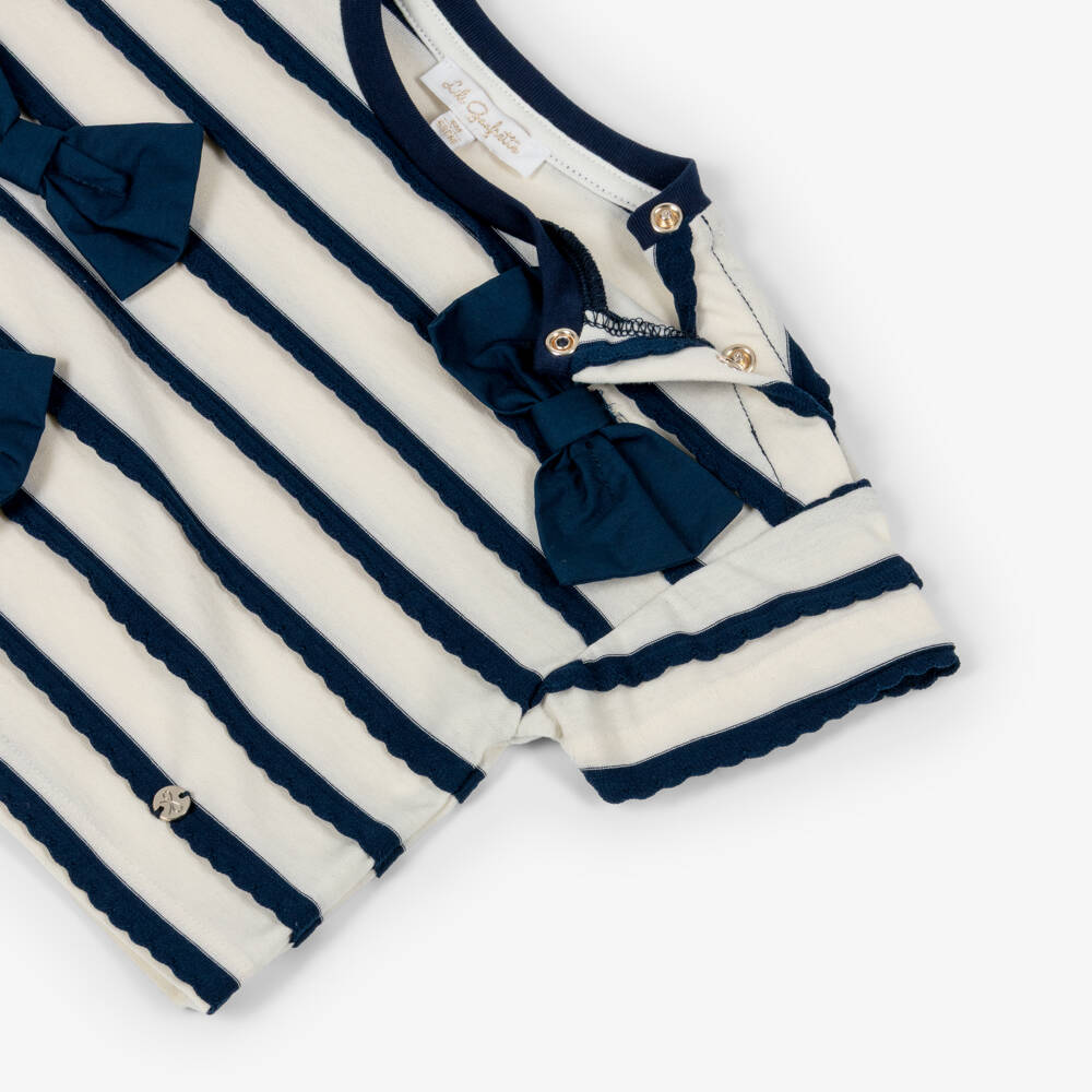 Lili Gaufrette-Baby Girls Ivory & Navy Blue Striped T-Shirt with Bows | Childrensalon