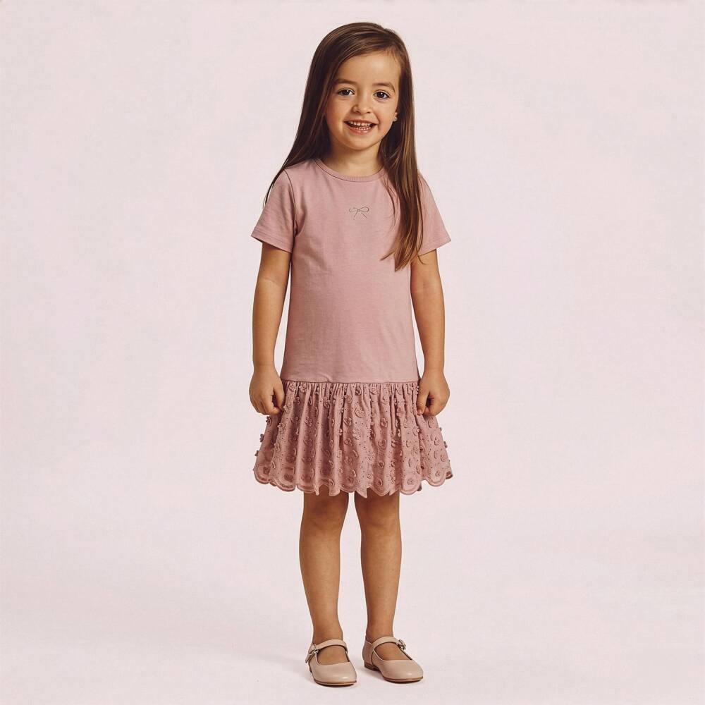Lili Gaufrette-Baby Girls Pink Jersey Dress with Floral Appliqués | Childrensalon