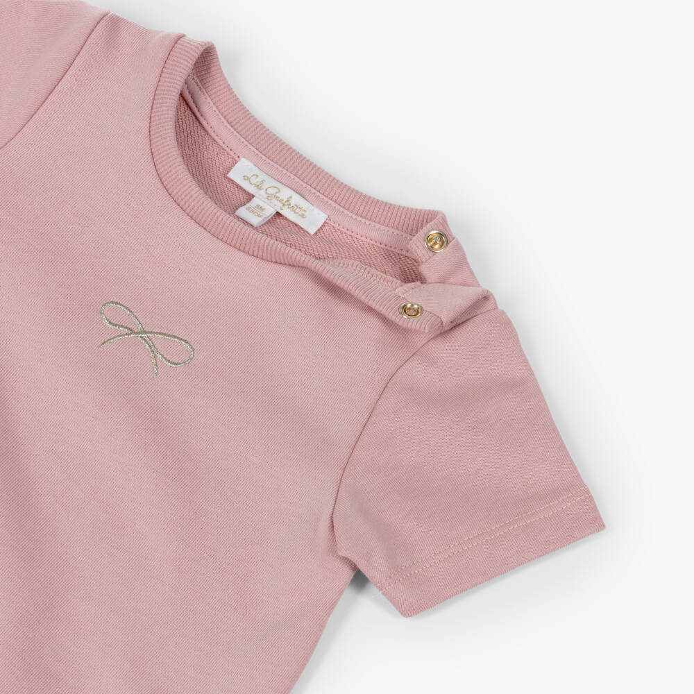 Lili Gaufrette-Baby Girls Pink Jersey Dress with Floral Appliqués | Childrensalon