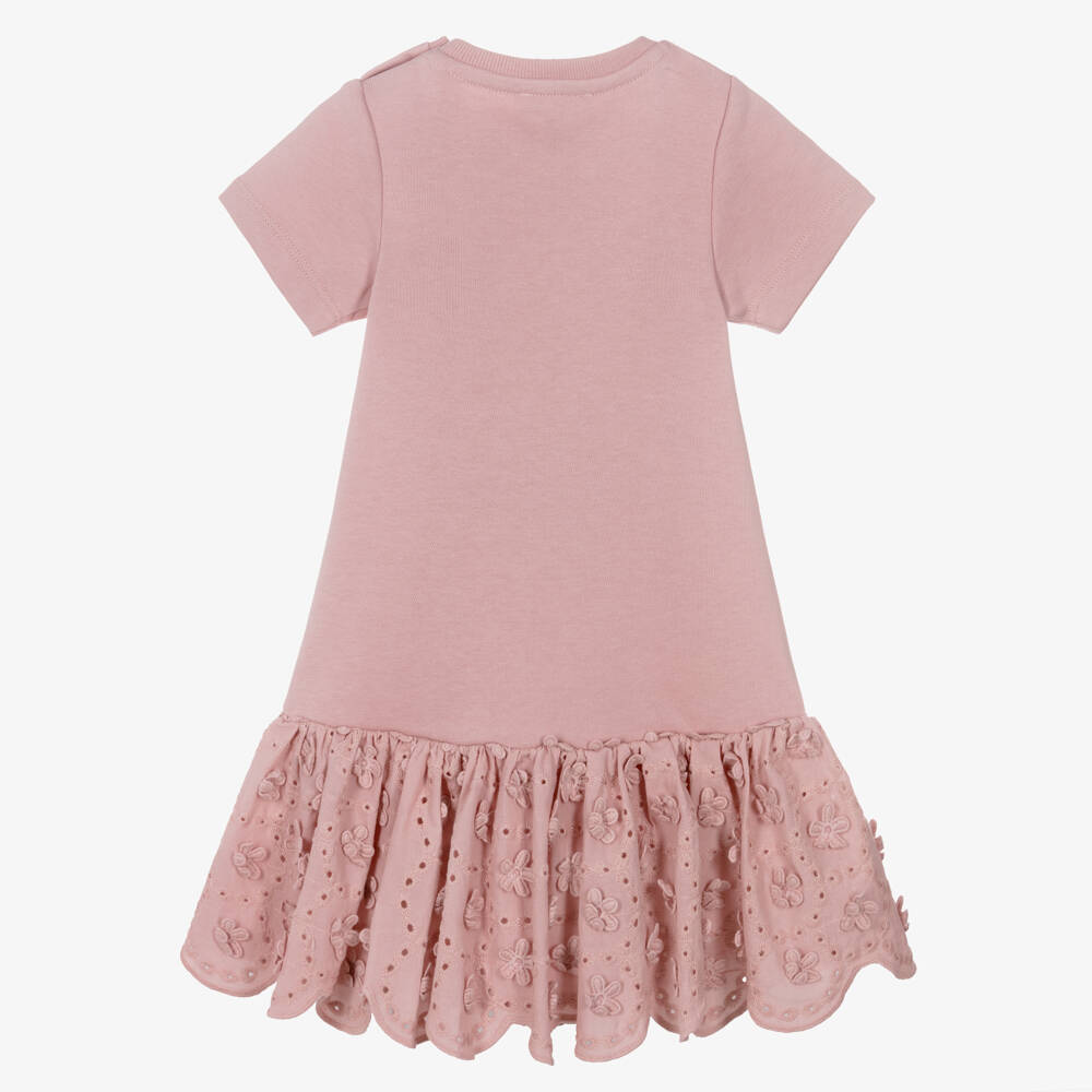 Lili Gaufrette-Baby Girls Pink Jersey Dress with Floral Appliqués | Childrensalon