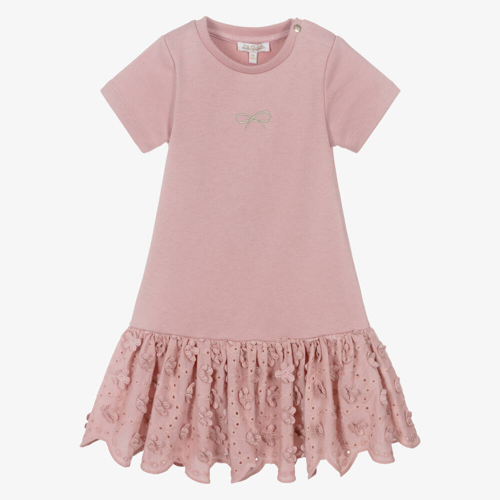 Lili Gaufrette-Baby Girls Pink Jersey Dress with Floral Appliqués | Childrensalon