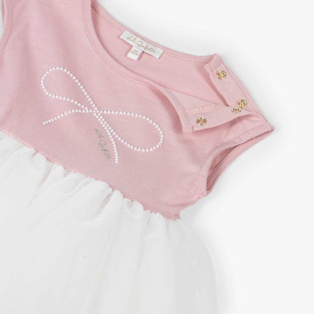 Lili Gaufrette-Baby Girls Pink & White Jersey & Tulle Dress with Pearl Bow | Childrensalon