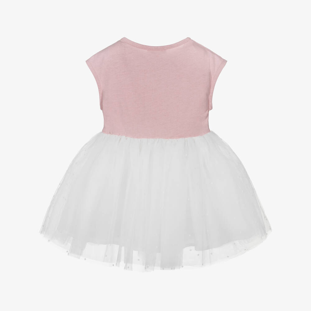 Lili Gaufrette-Baby Girls Pink & White Jersey & Tulle Dress with Pearl Bow | Childrensalon