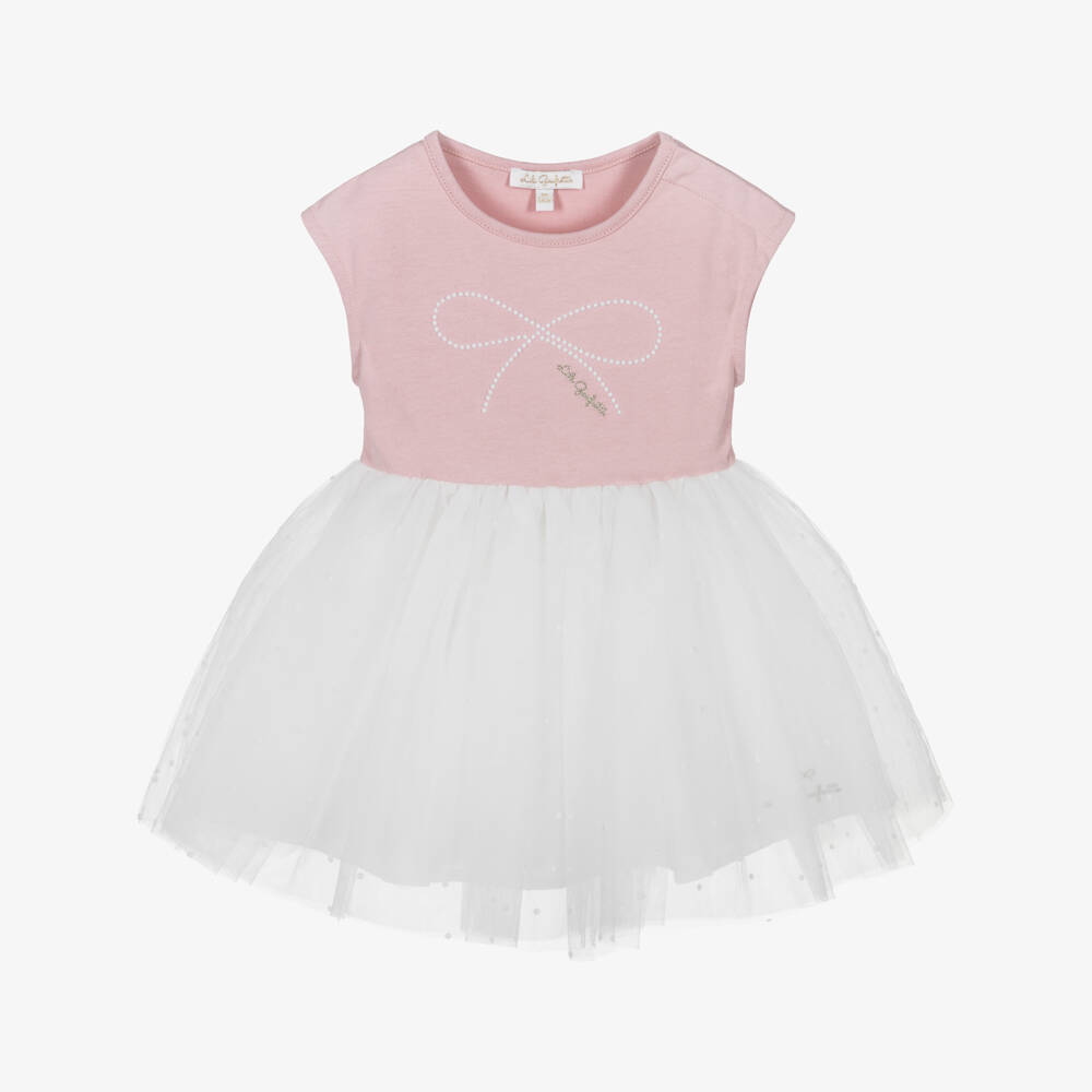 Lili Gaufrette-Baby Girls Pink & White Jersey & Tulle Dress with Pearl Bow | Childrensalon