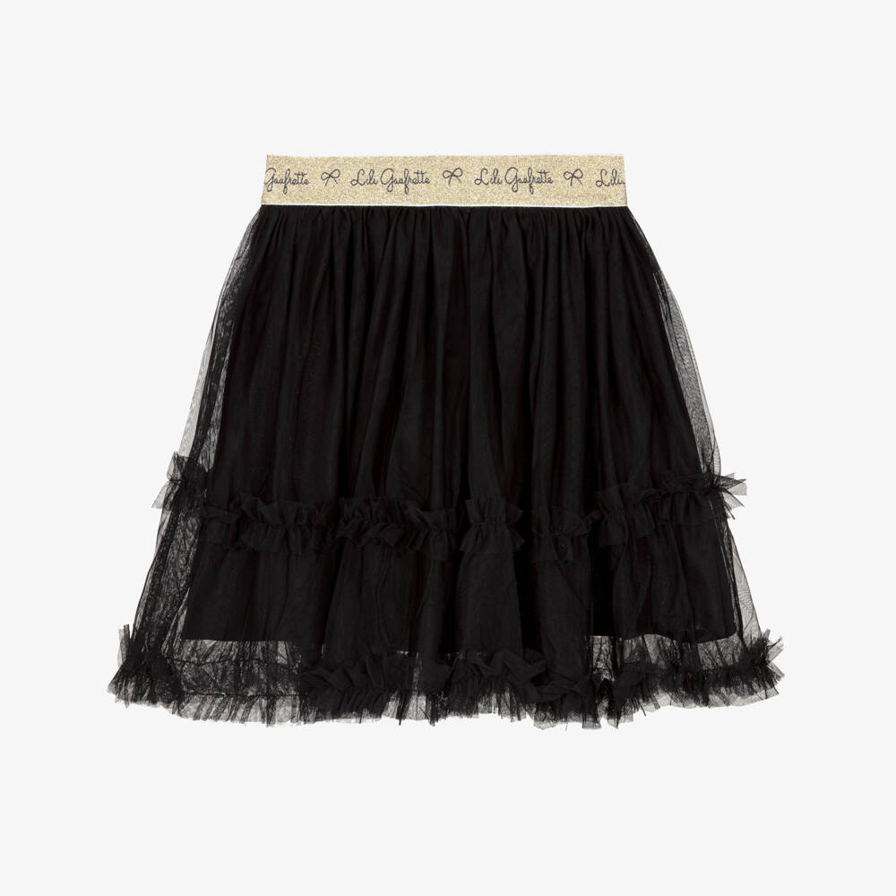 Lili Gaufrette-Юбка черная из тюля с оборками и золотым поясом с логотипом | Childrensalon
