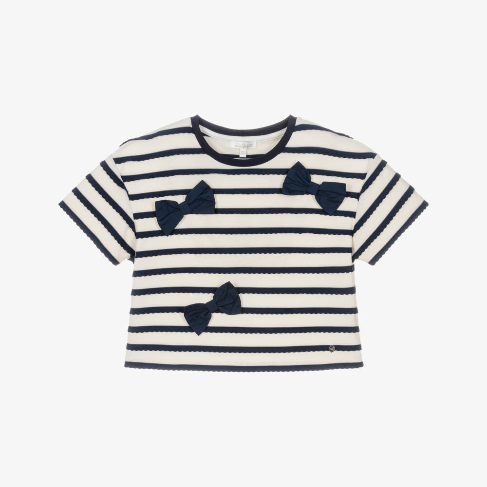 Lili Gaufrette-Girls Blue & Ivory Striped Jersey T-Shirt with Bows | Childrensalon