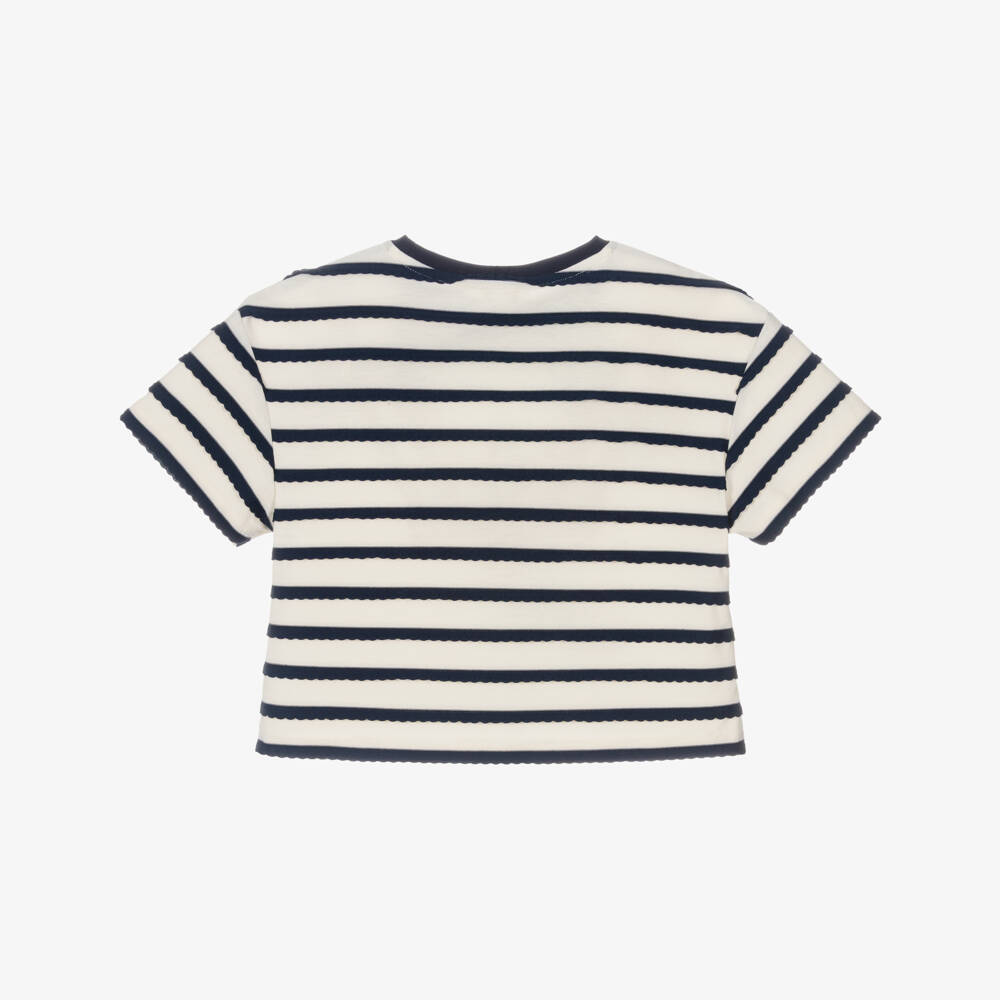 Lili Gaufrette-Girls Blue & Ivory Striped Jersey T-Shirt with Bows | Childrensalon