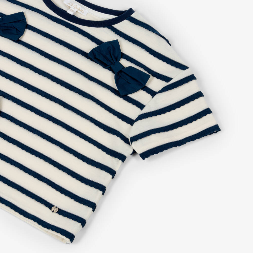 Lili Gaufrette-Girls Blue & Ivory Striped Jersey T-Shirt with Bows | Childrensalon