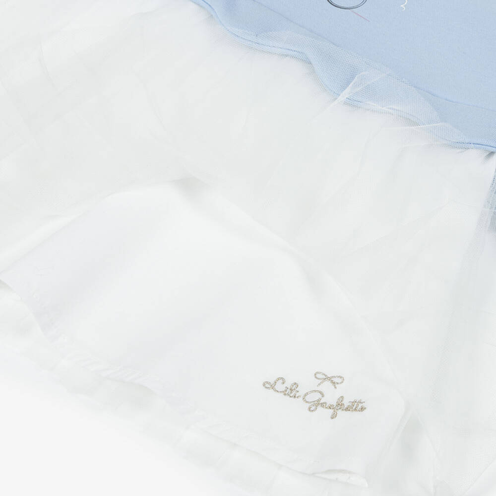 Lili Gaufrette-Girls Blue & White Jersey & Tulle Dress with Girl Motif | Childrensalon