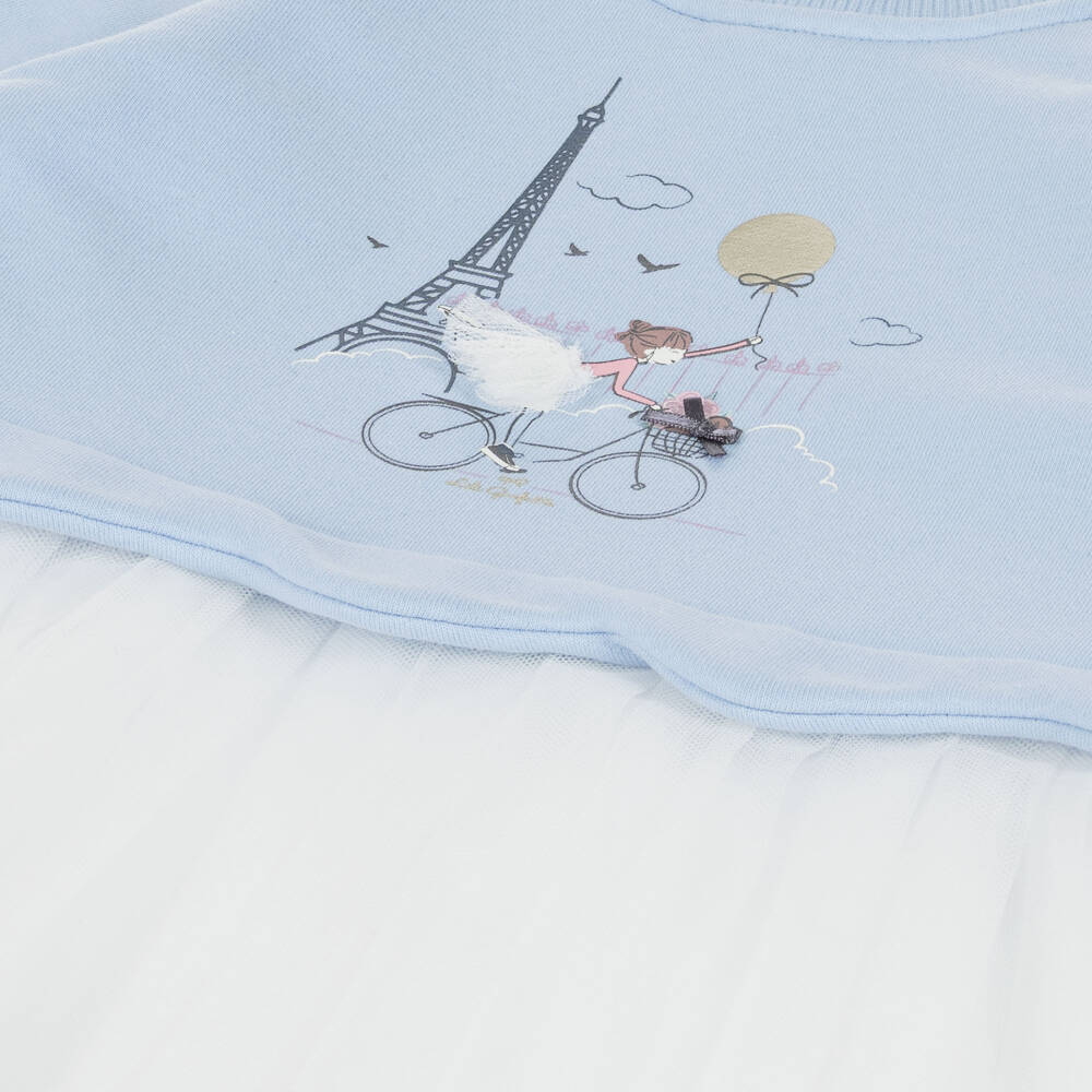 Lili Gaufrette-Girls Blue & White Jersey & Tulle Dress with Girl Motif | Childrensalon