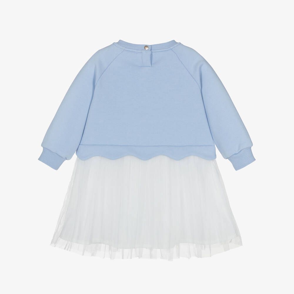 Lili Gaufrette-Girls Blue & White Jersey & Tulle Dress with Girl Motif | Childrensalon