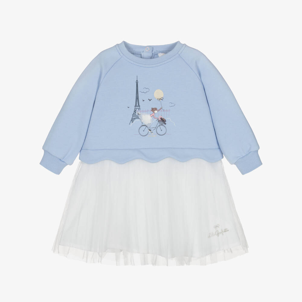 Lili Gaufrette-Girls Blue & White Jersey & Tulle Dress with Girl Motif | Childrensalon