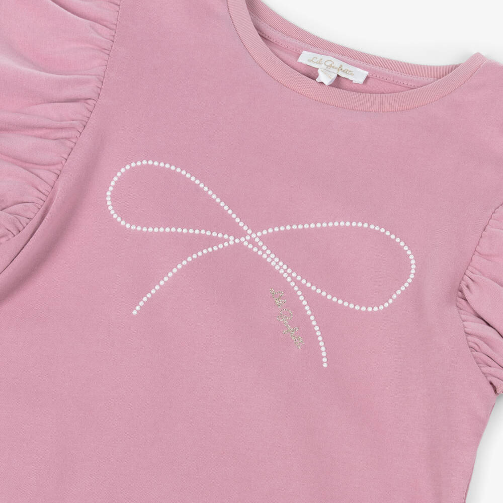 Lili Gaufrette-Girls Dusky Pink Jersey T-Shirt with Pearl Bow Motif | Childrensalon