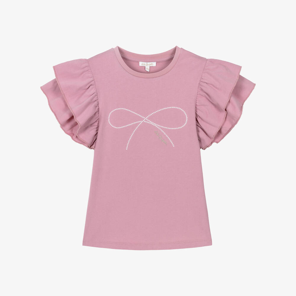 Lili Gaufrette-Girls Dusky Pink Jersey T-Shirt with Pearl Bow Motif | Childrensalon
