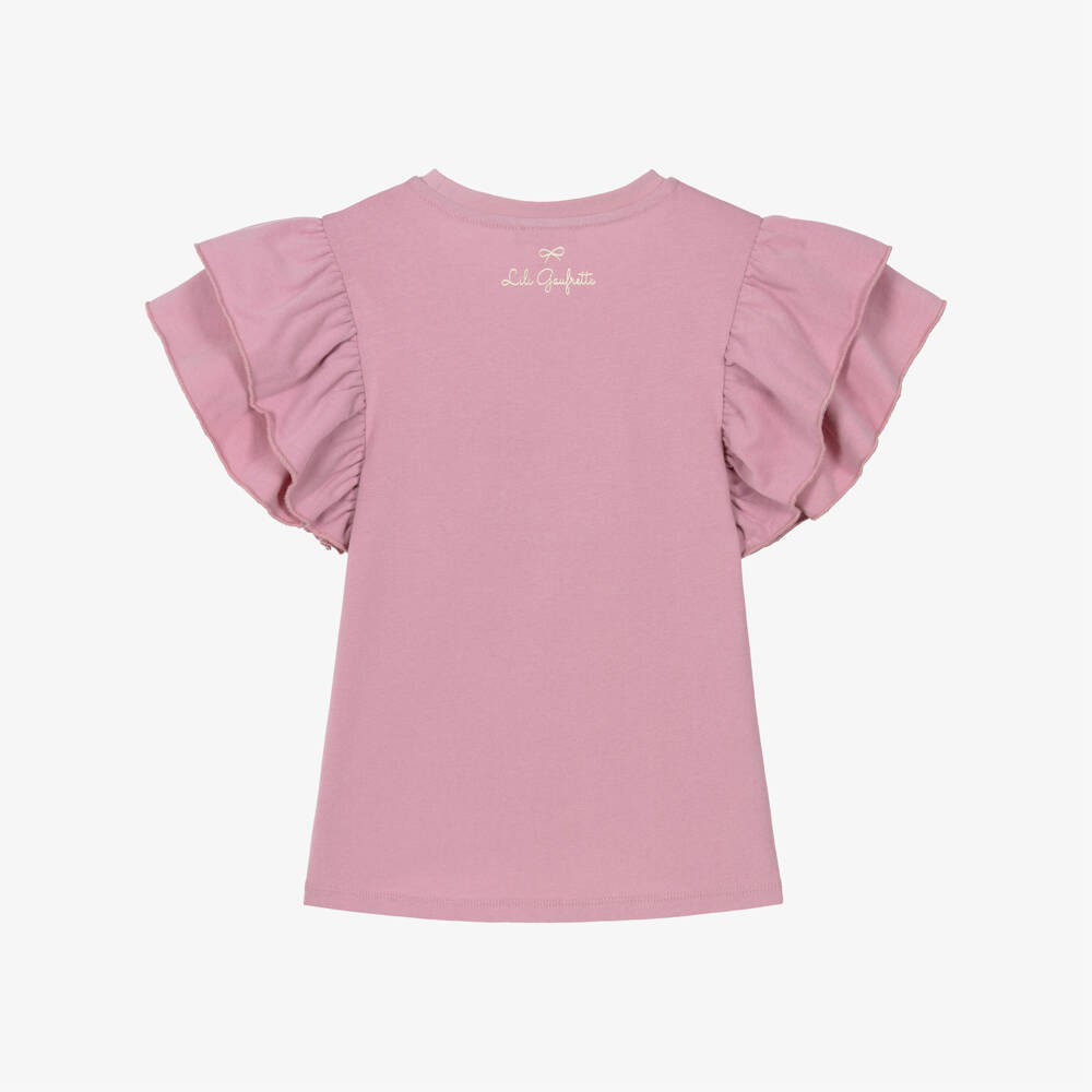 Lili Gaufrette-Girls Dusky Pink Jersey T-Shirt with Pearl Bow Motif | Childrensalon