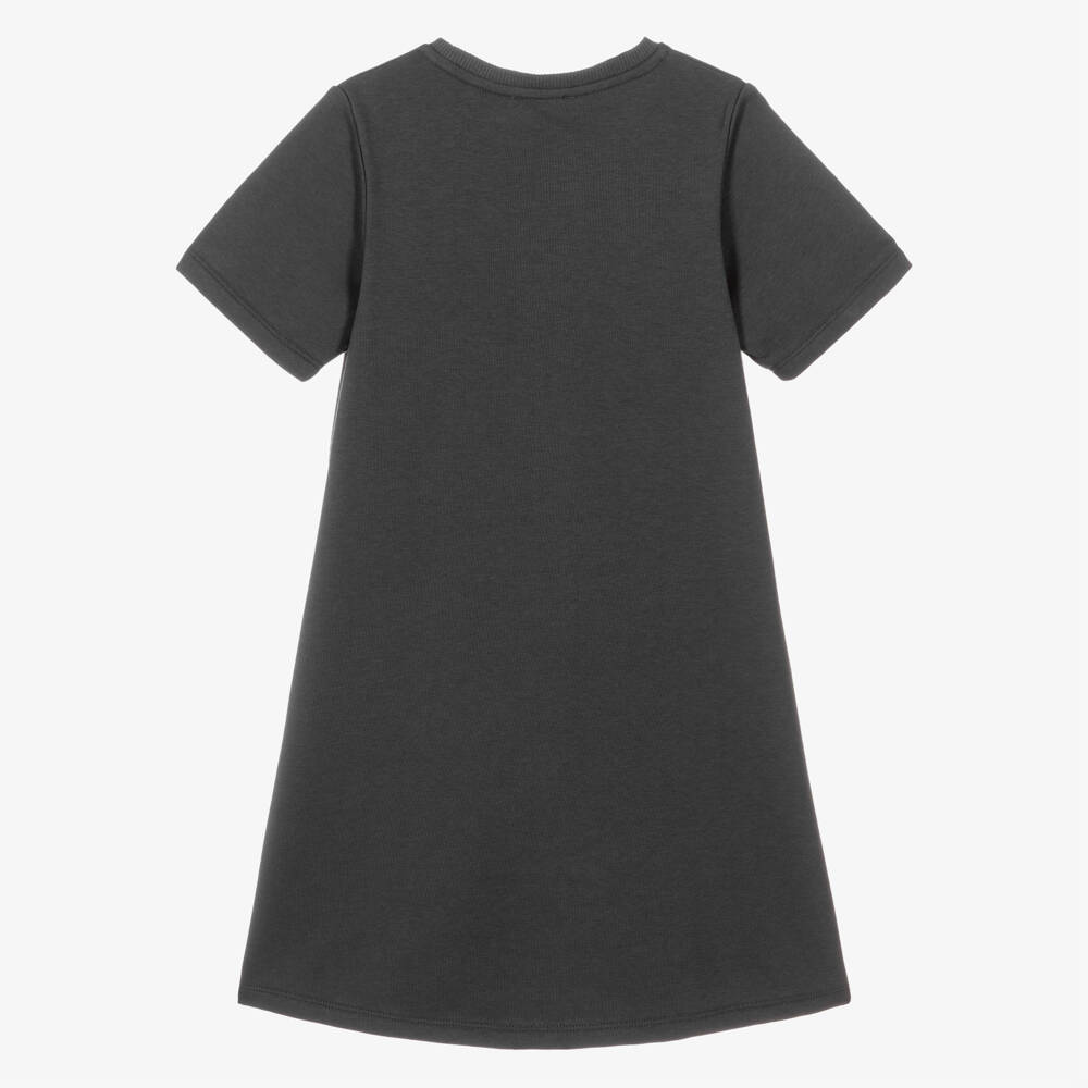 Lili Gaufrette-Girls Grey Jersey T-Shirt Dress with Girl & Flower Motif | Childrensalon