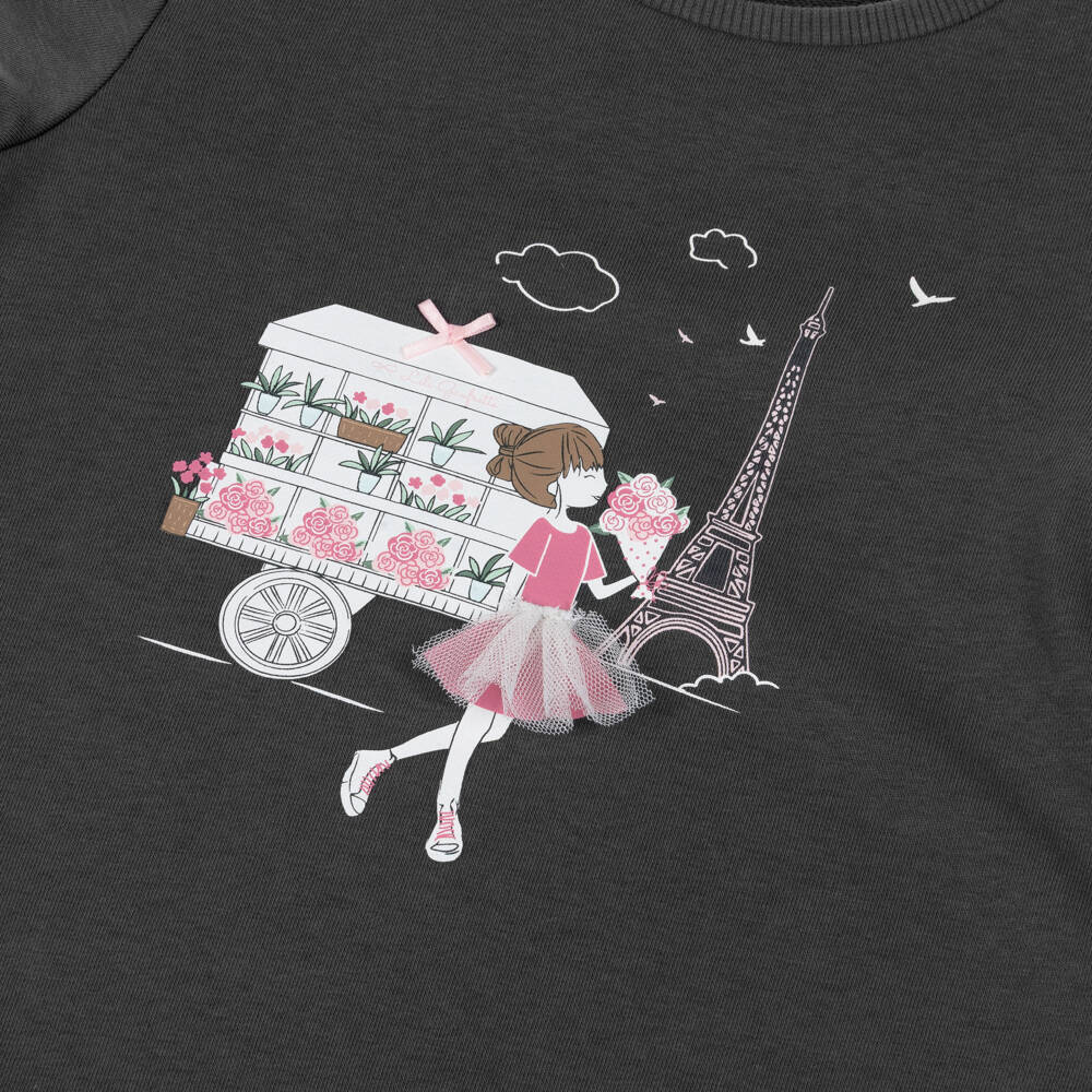 Lili Gaufrette-Girls Grey Jersey T-Shirt Dress with Girl & Flower Motif | Childrensalon
