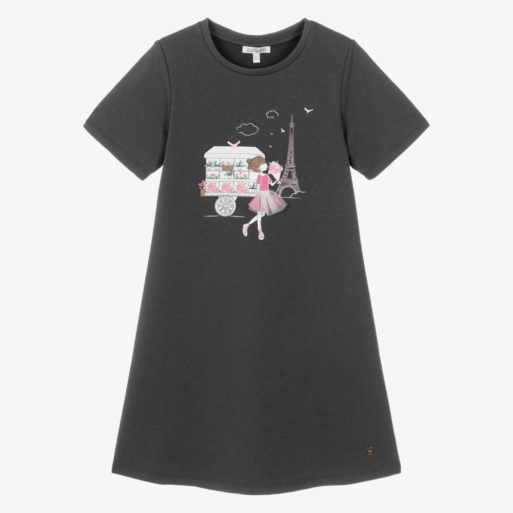 Lili Gaufrette-Girls Grey Jersey T-Shirt Dress with Girl & Flower Motif | Childrensalon