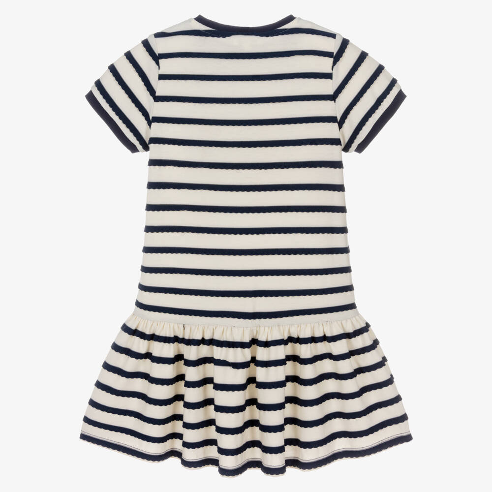 Lili Gaufrette-Girls Ivory & Blue Striped Jersey Dress with Dropped Waist | Childrensalon
