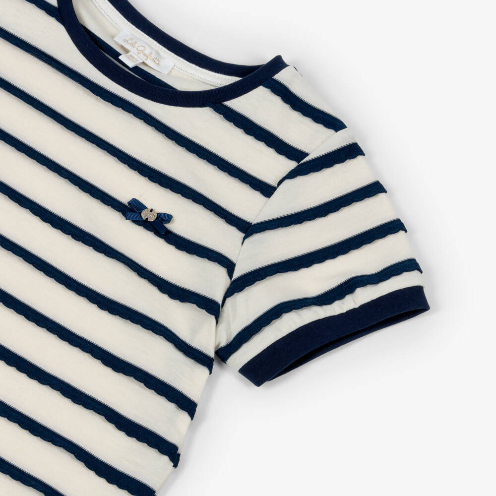 Lili Gaufrette-Girls Ivory & Blue Striped Jersey Dress with Dropped Waist | Childrensalon