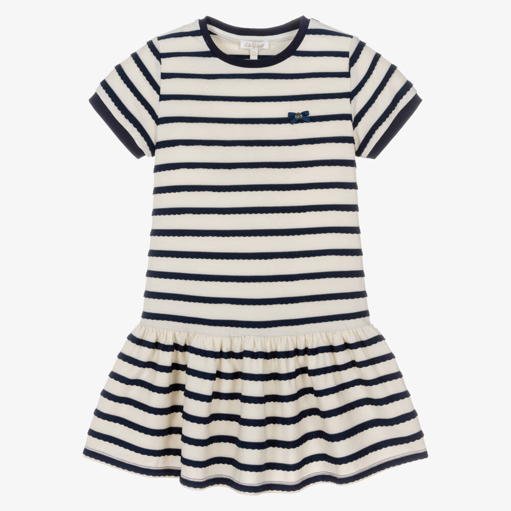 Lili Gaufrette-Girls Ivory & Blue Striped Jersey Dress with Dropped Waist | Childrensalon