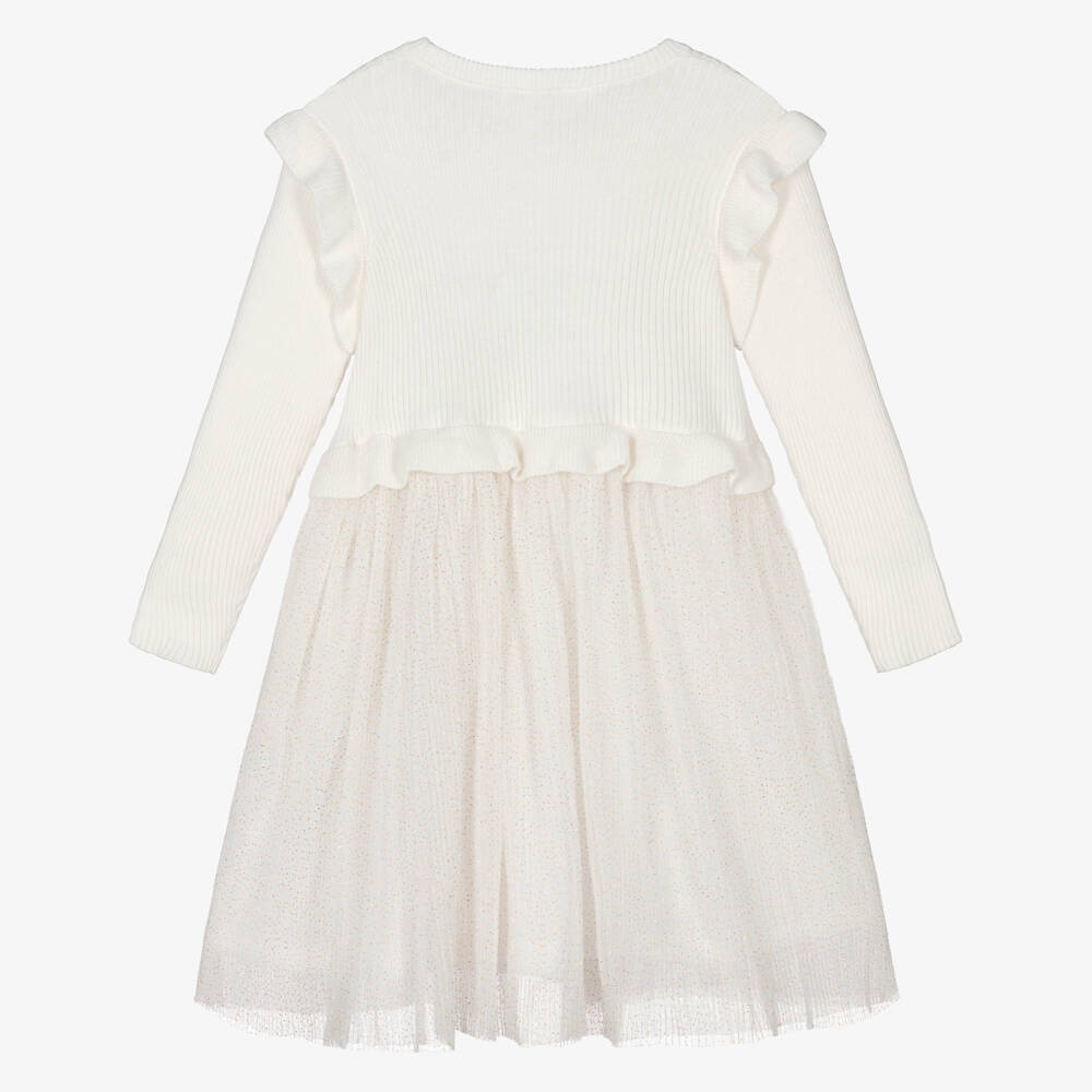 Lili Gaufrette-Girls Ivory Cotton Rib Knit & Pleated Tulle Dress   | Childrensalon