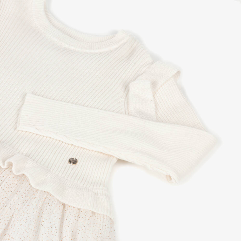Lili Gaufrette-Girls Ivory Cotton Rib Knit & Pleated Tulle Dress   | Childrensalon