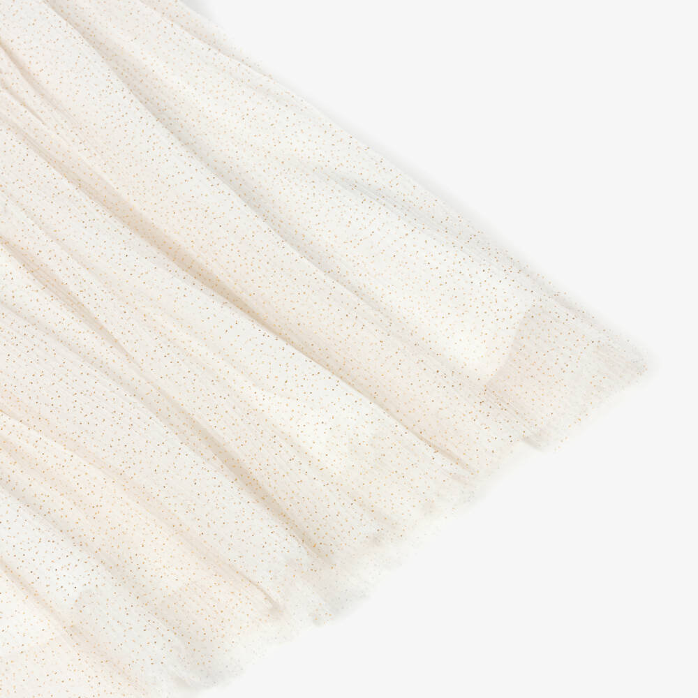 Lili Gaufrette-Girls Ivory Cotton Rib Knit & Pleated Tulle Dress   | Childrensalon