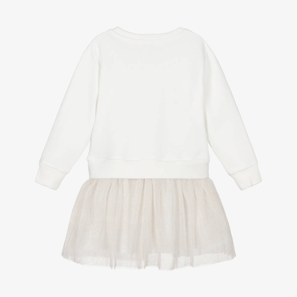 Lili Gaufrette-Girls Ivory Jersey & Pleated Tulle Sweatshirt Dress | Childrensalon