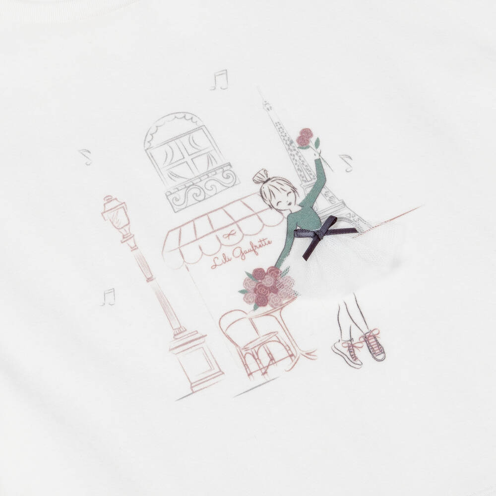 Lili Gaufrette-Girls Ivory Jersey T-Shirt with Ballerina Motif | Childrensalon