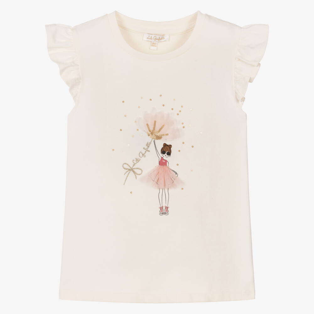 Lili Gaufrette-Girls Ivory Jersey T-Shirt with Girl & Sequin Flower Motif | Childrensalon