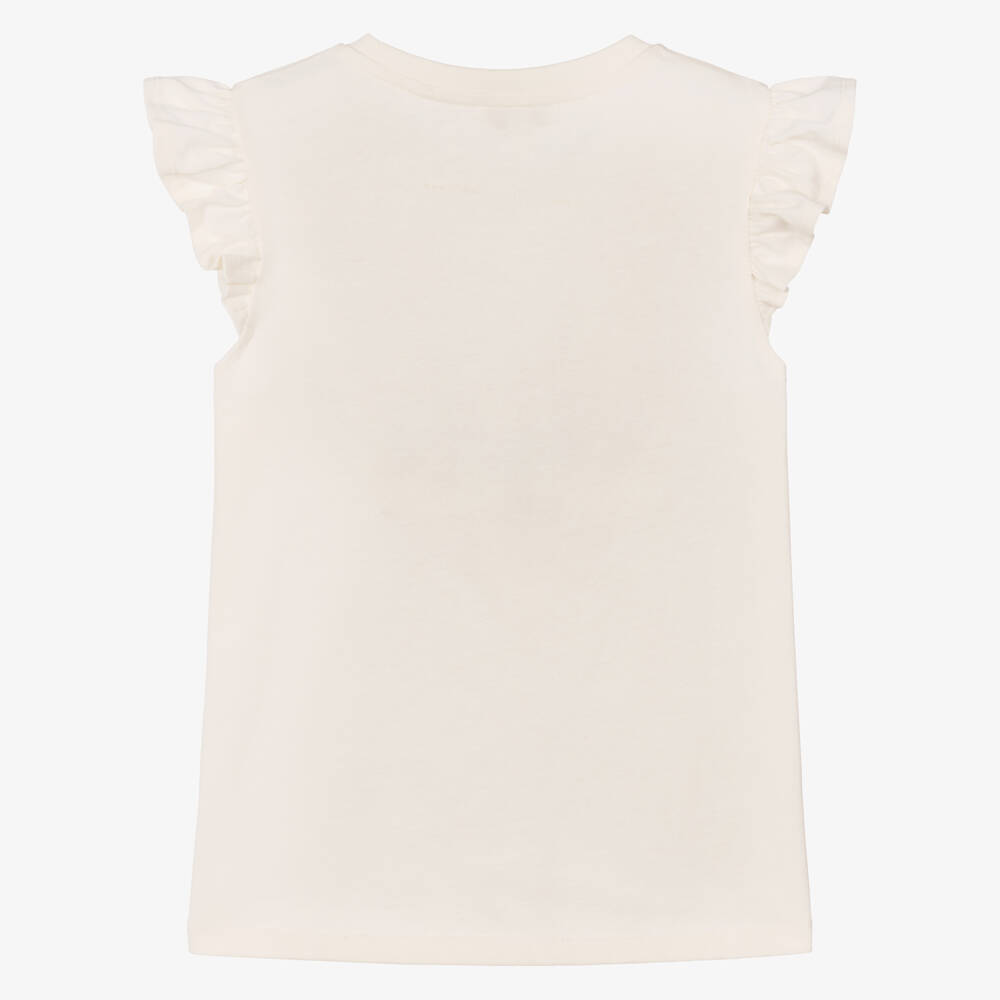 Lili Gaufrette-Girls Ivory Jersey T-Shirt with Girl & Sequin Flower Motif | Childrensalon