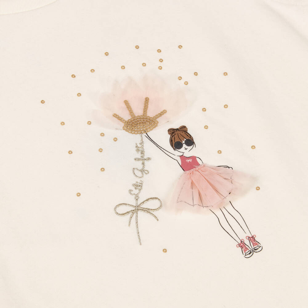 Lili Gaufrette-Girls Ivory Jersey T-Shirt with Girl & Sequin Flower Motif | Childrensalon