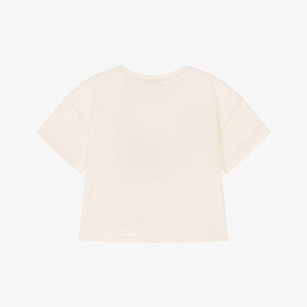 Lili Gaufrette-Girls Ivory Jersey T-Shirt with Parisienne Café & Girl Motif | Childrensalon