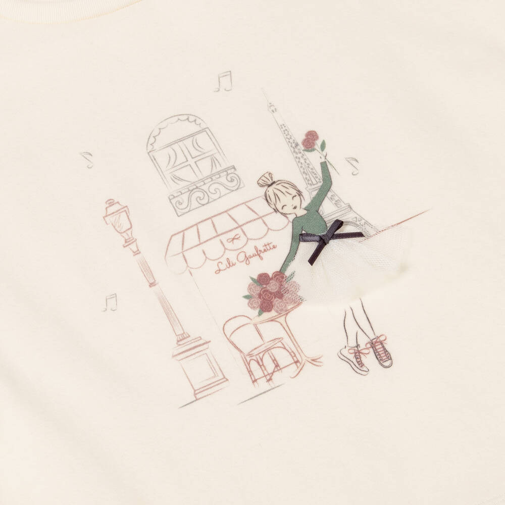 Lili Gaufrette-Girls Ivory Jersey T-Shirt with Parisienne Café & Girl Motif | Childrensalon
