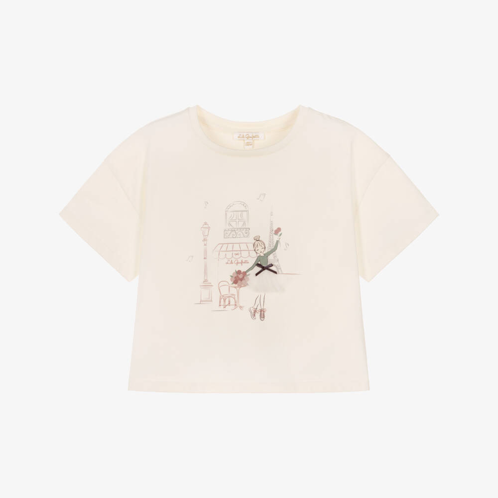 Lili Gaufrette-Girls Ivory Jersey T-Shirt with Parisienne Café & Girl Motif | Childrensalon