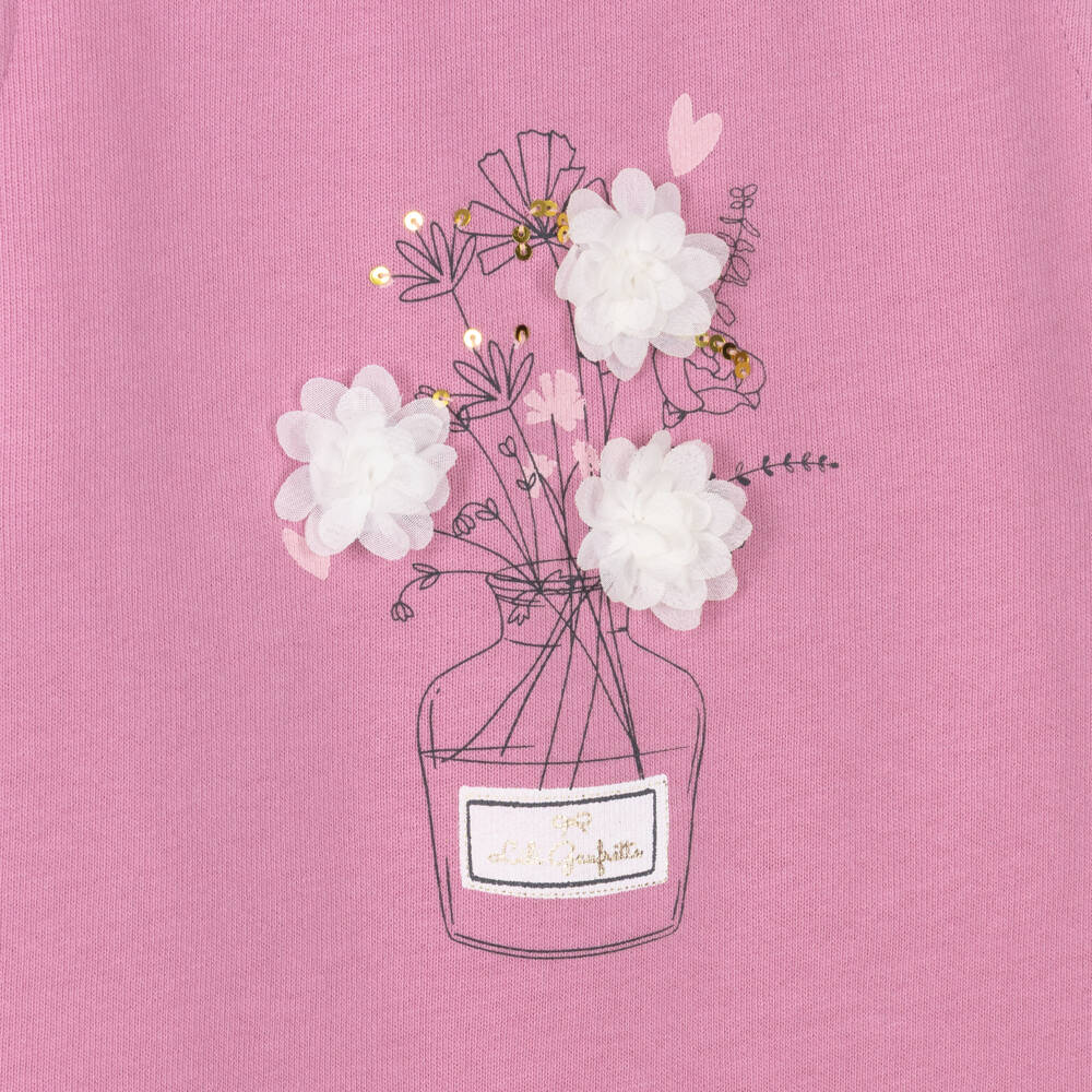 Lili Gaufrette-Girls Lilac Pink Organic Cotton Dress with Floral Appliqués | Childrensalon